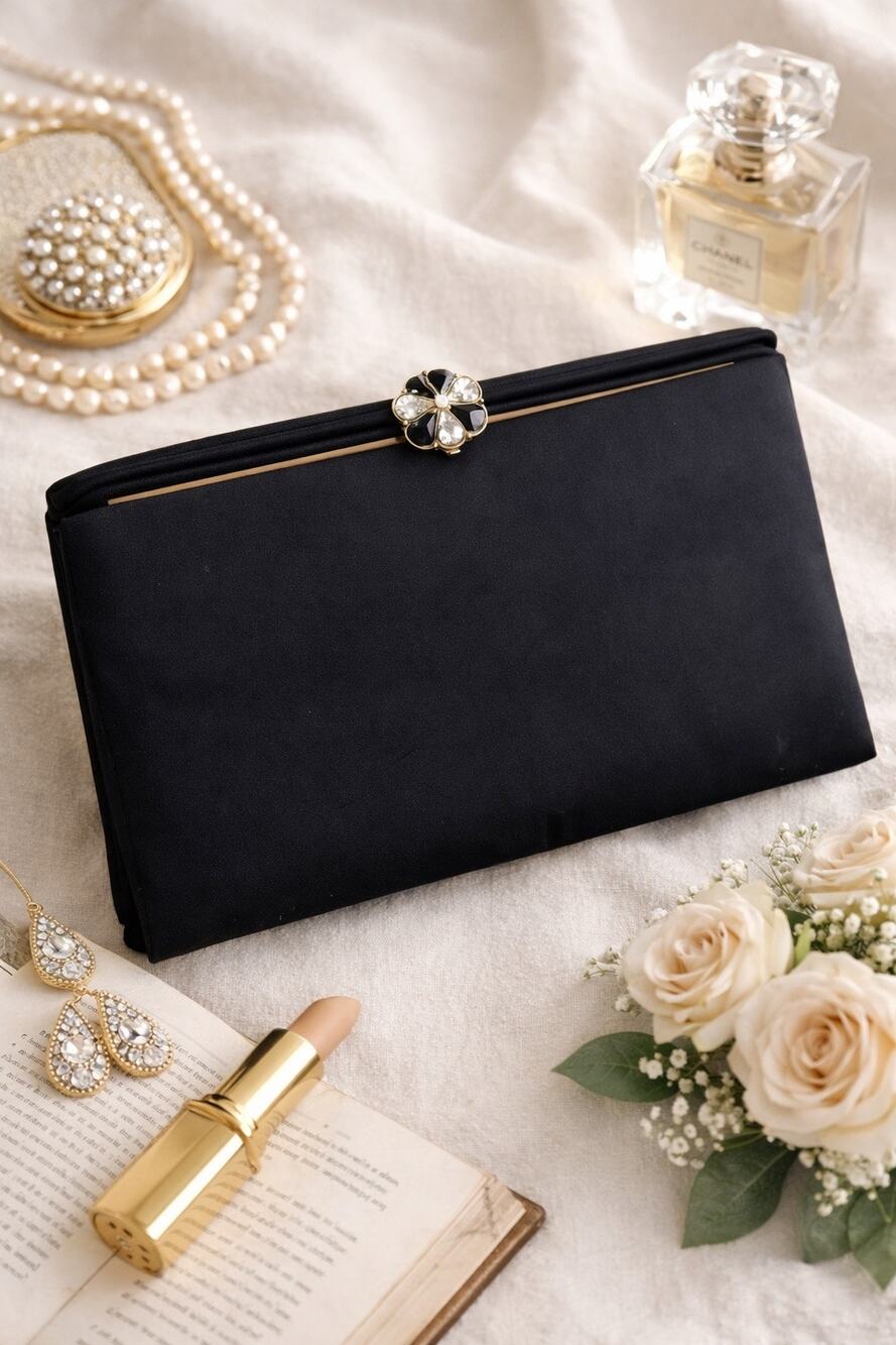 Vintage 1950s Lowy & Mund Spotlite Black Satin Jeweled Clutch L&M by Edwards USA